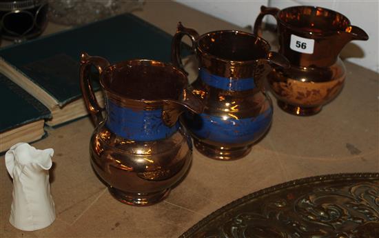 3 Victorian copper lustre jugs and a Royal Worcester jug